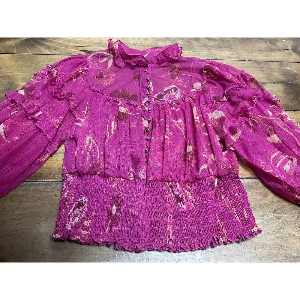 Free People Time For Shine Mesh Cropped Smocked Pink Purple Floral Blouse Top L